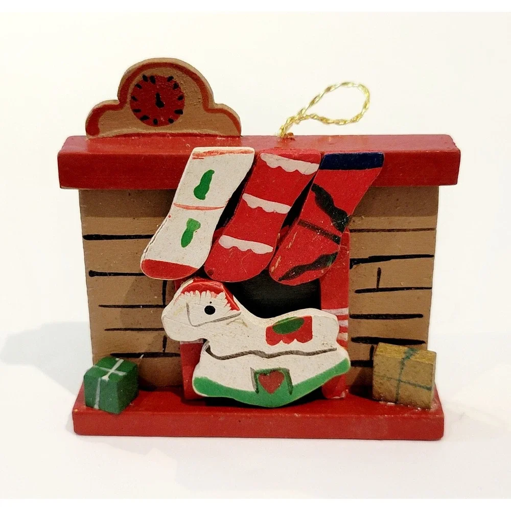 Vintage Fireplace Handmade Wood Christmas Stockings Ornament Rare!
